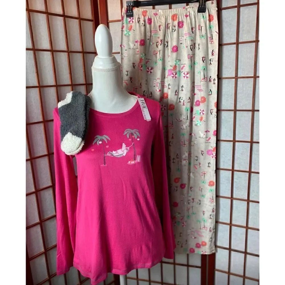 HUE Women's Medium Printed Knit Tee and Pant 3 Piece Pajama Set